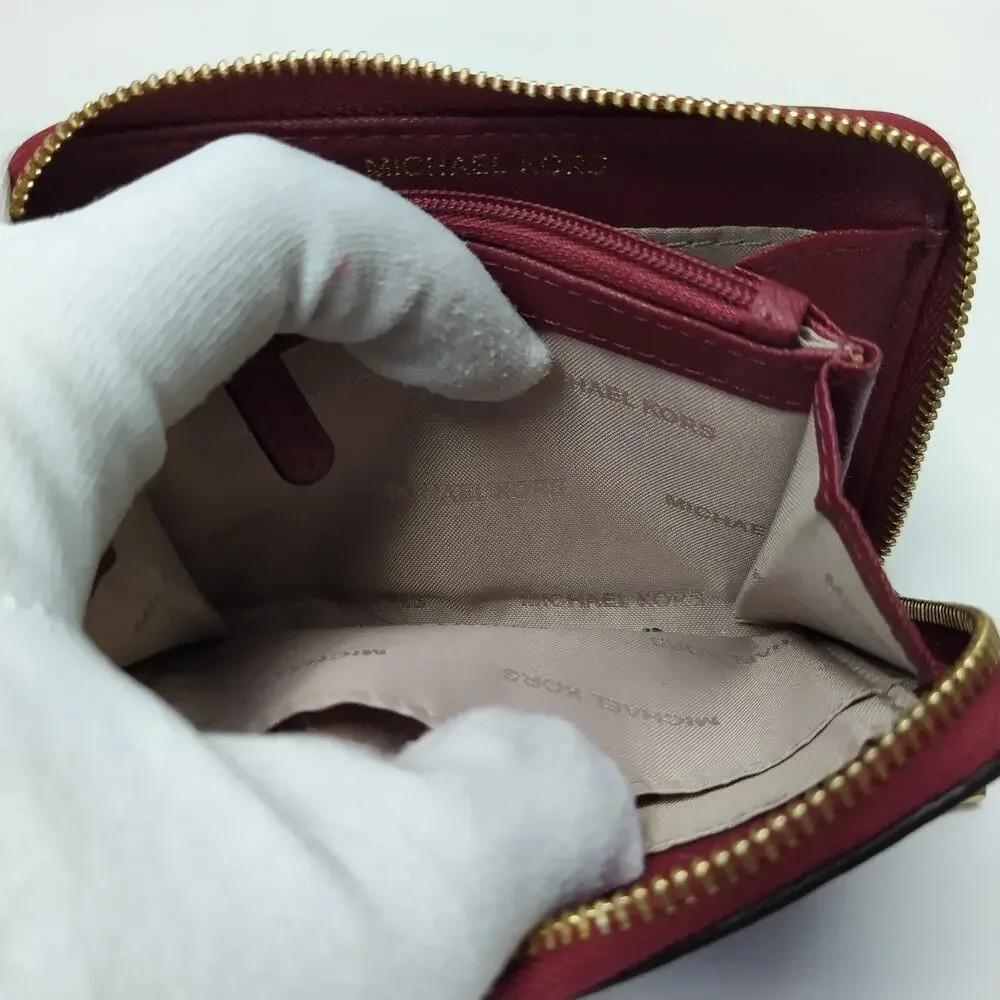 Michael Kors Red Pebbled Leather Zip Around Credit Card Small Wallet